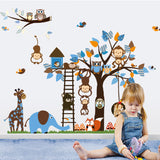 Monkeys, Tree, Elephant & Giraffe - Blue AW1215
