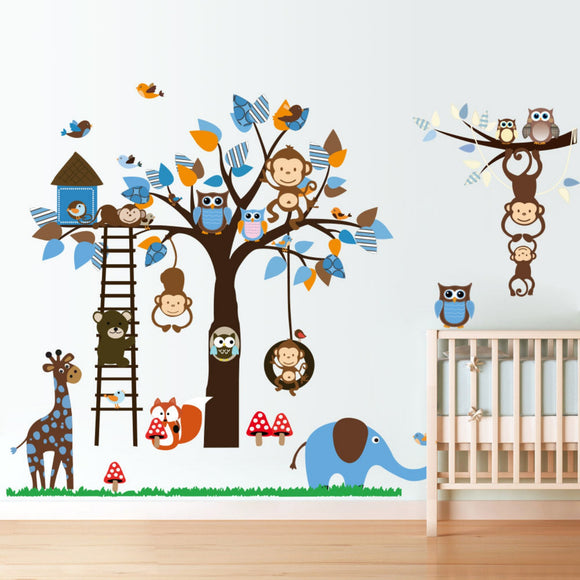 Monkeys, Tree, Elephant & Giraffe - Blue