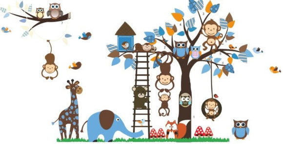 Monkeys, Tree, Elephant & Giraffe - Blue AW1215
