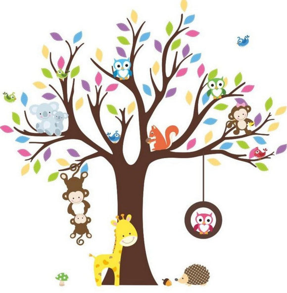Monkeys and Squirrel and Koala in a Tree, with giraffe and owl and hedgehog