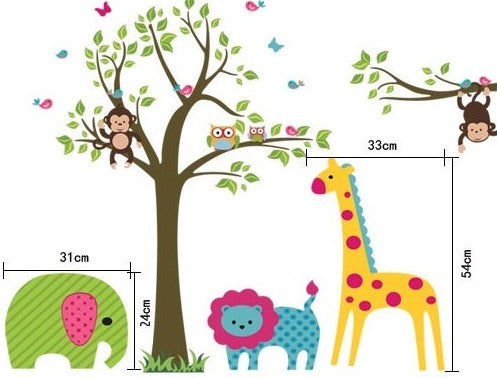 Green Elephant, Blue Lion, Yellow Giraffe & Monkeys in Tree AW5071